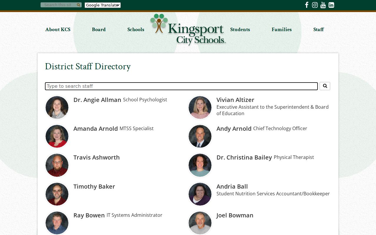 Kingsport people directories school staff search interface