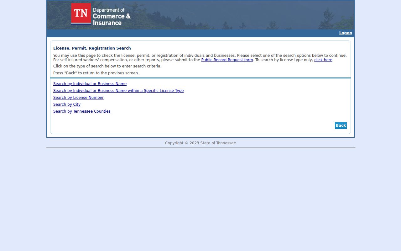 Kingsport public records options in the Tennessee professional license search